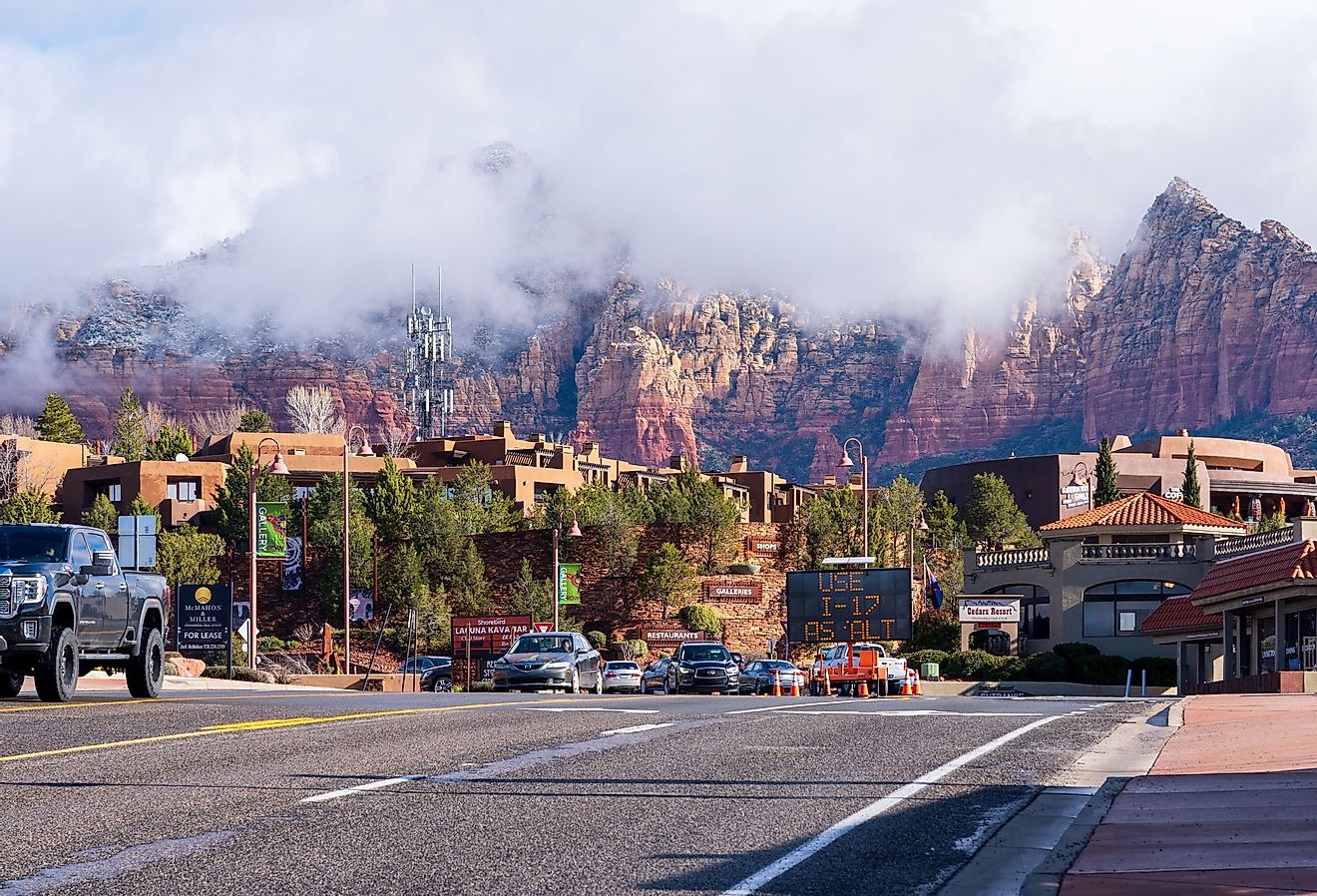 Downtown Sedona with mountains in the background. Image credit Red Lemon via Shutterstock.