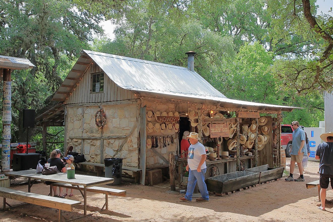 An external view of the open-air Snail Creek Hat Company in Luckenbach, Texas. via JustPixs 