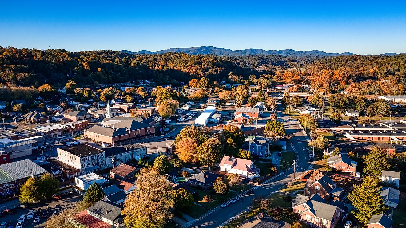 Aerial view of Ellijay, Georgia, in fall.