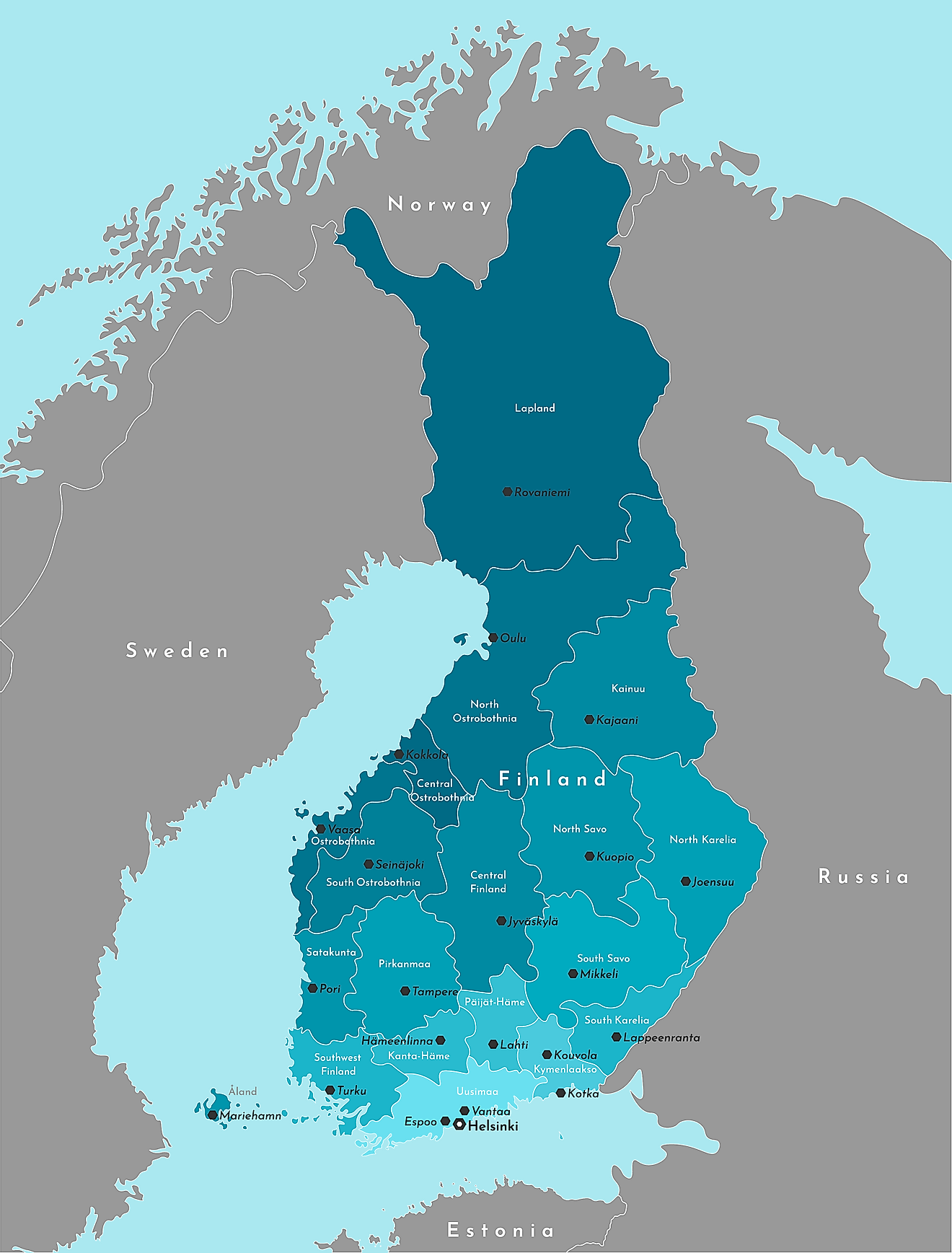 Mapa político de Finlandia que muestra sus 19 regiones y la ciudad capital de Helsinki