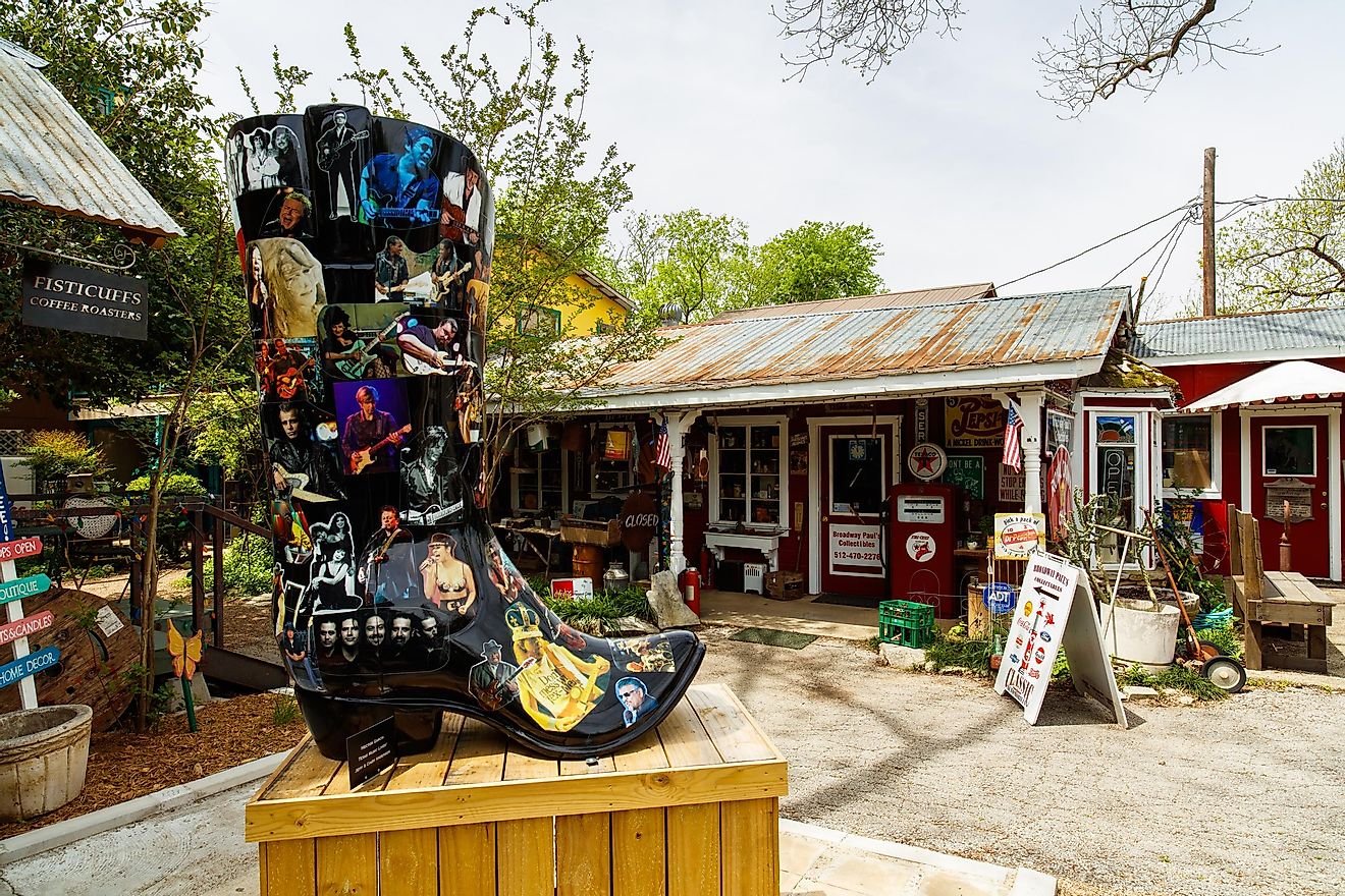 Wimberley, Texas USA - April 6, 2016: Colorful shop with artwork and vintage items on display in the small Texas Hill Country town of Wimberley.