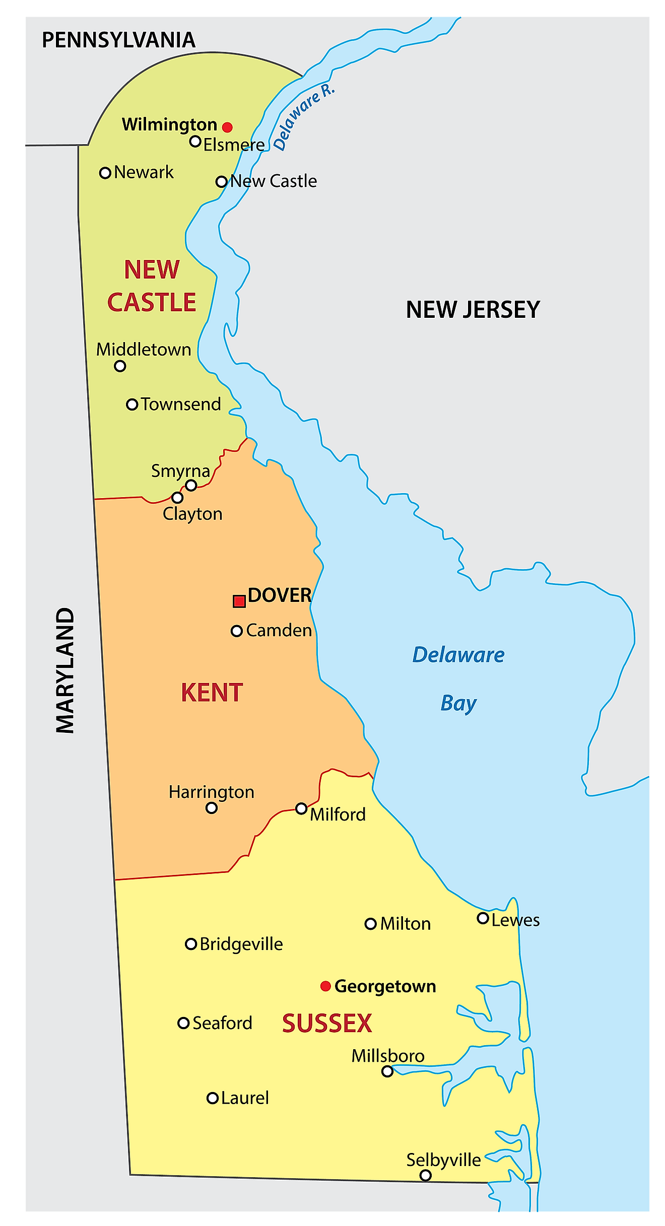 Mapa administrativo de Delaware que muestra sus 3 condados y la ciudad capital - Dover