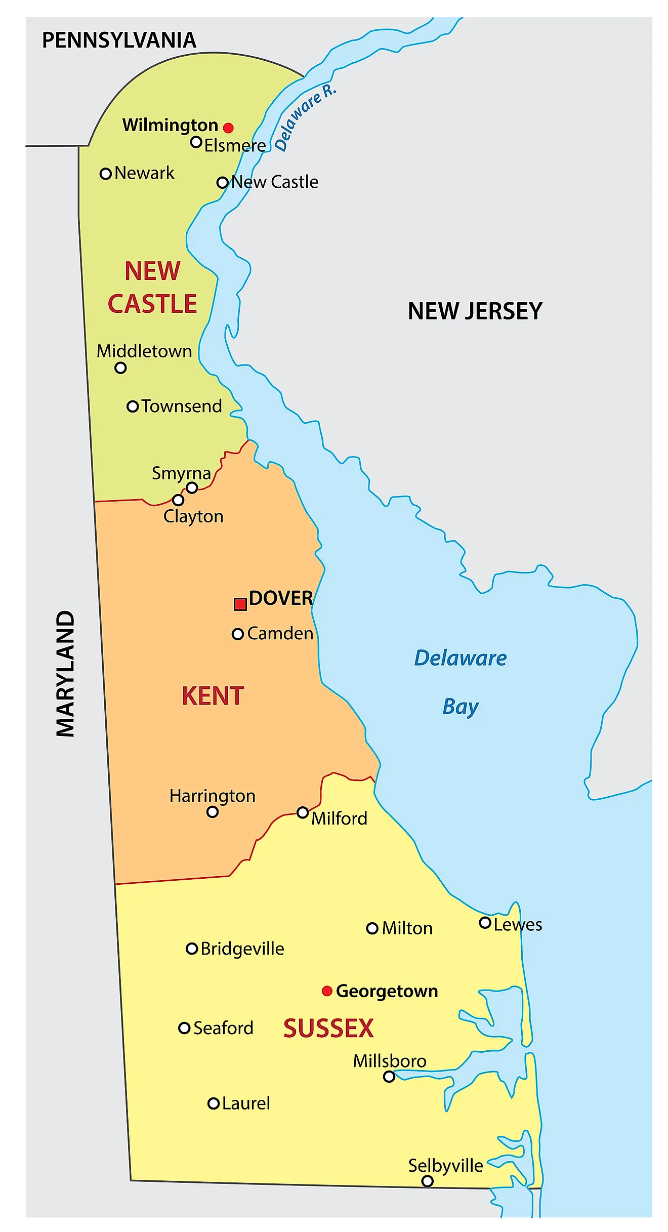 Administrative Map of Delaware showing its 3 counties and the capital city - Dover. Delaware County Map