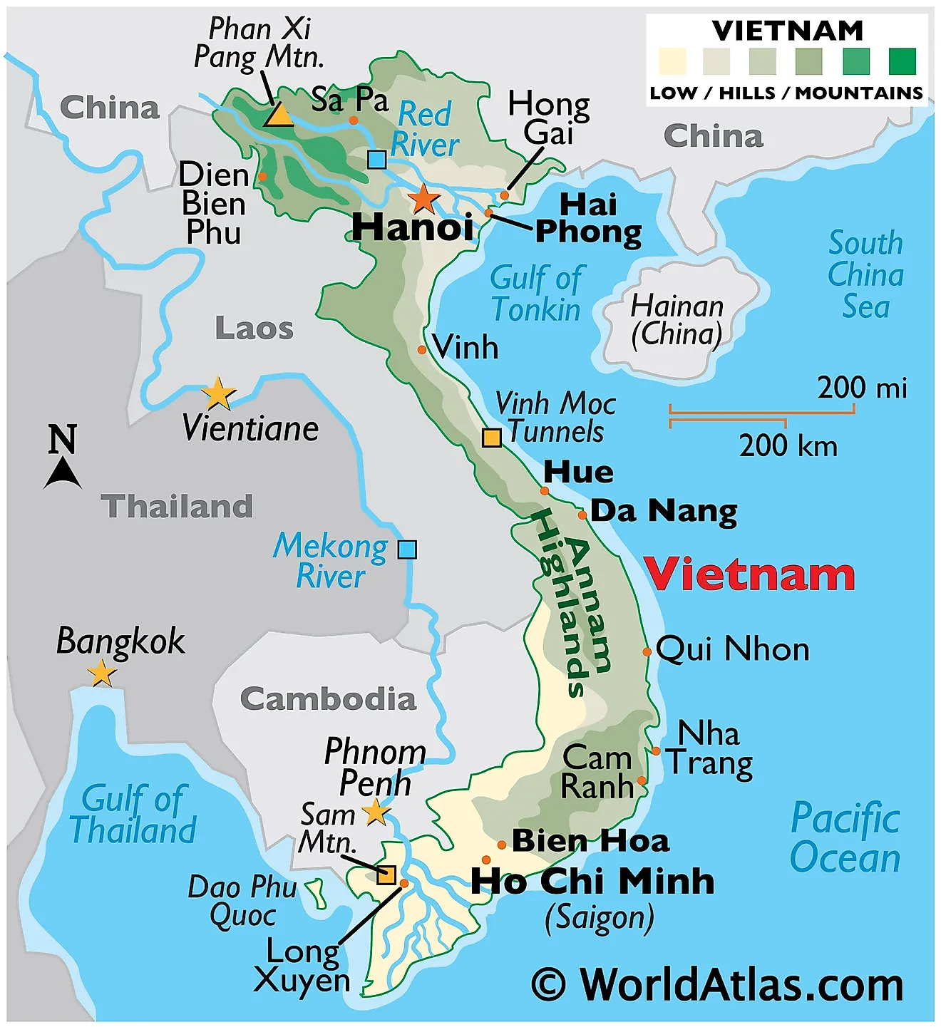 Physical Map of Vietnam with state boundaries, major rivers, highland areas, highest peak, important cities, and more.