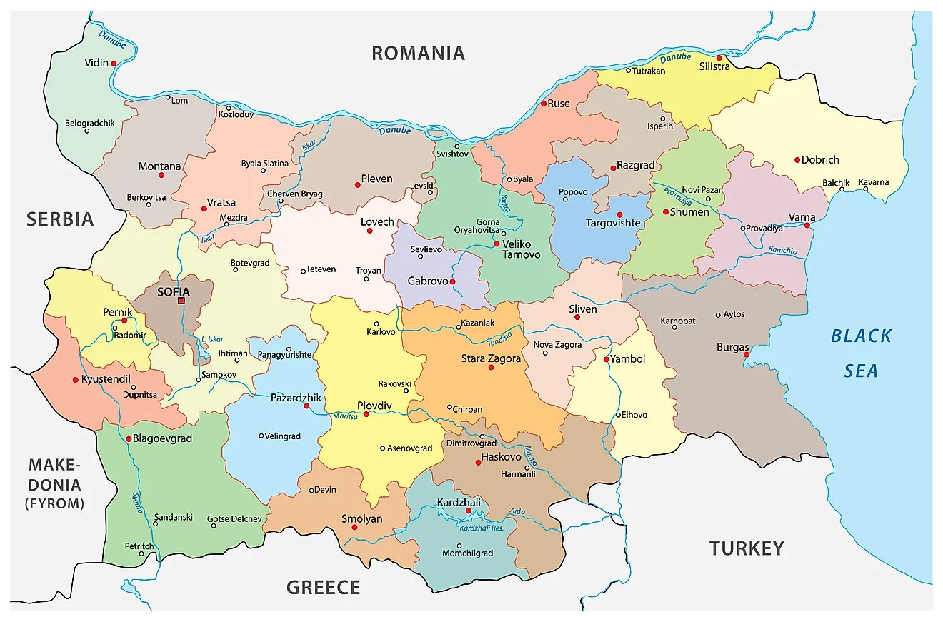 Political Map of Bulgaria showing its 28 provinces and the capital city of Sofia