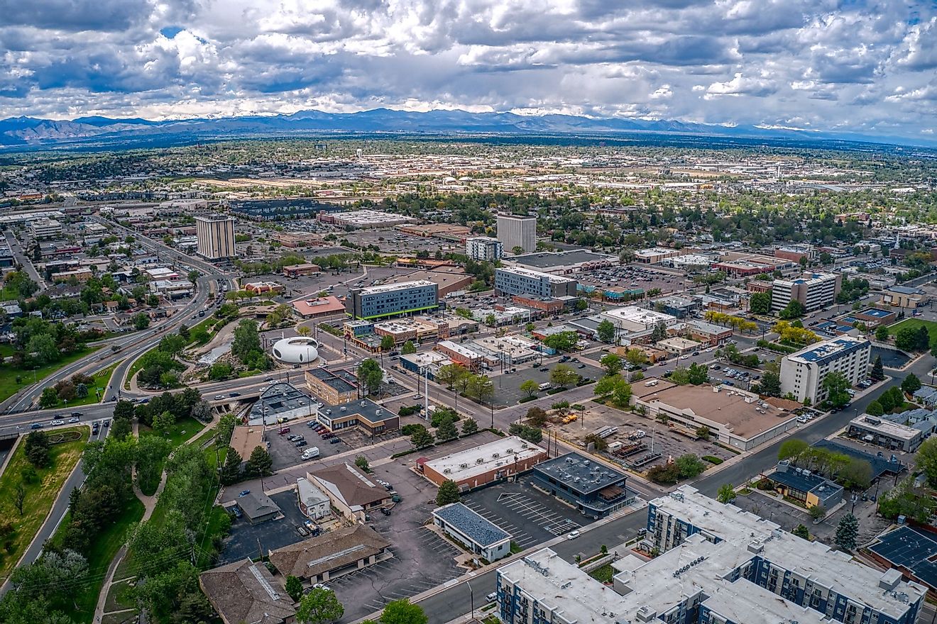 Aerial view of the Denver suburb of Arvada, Colorado. 
