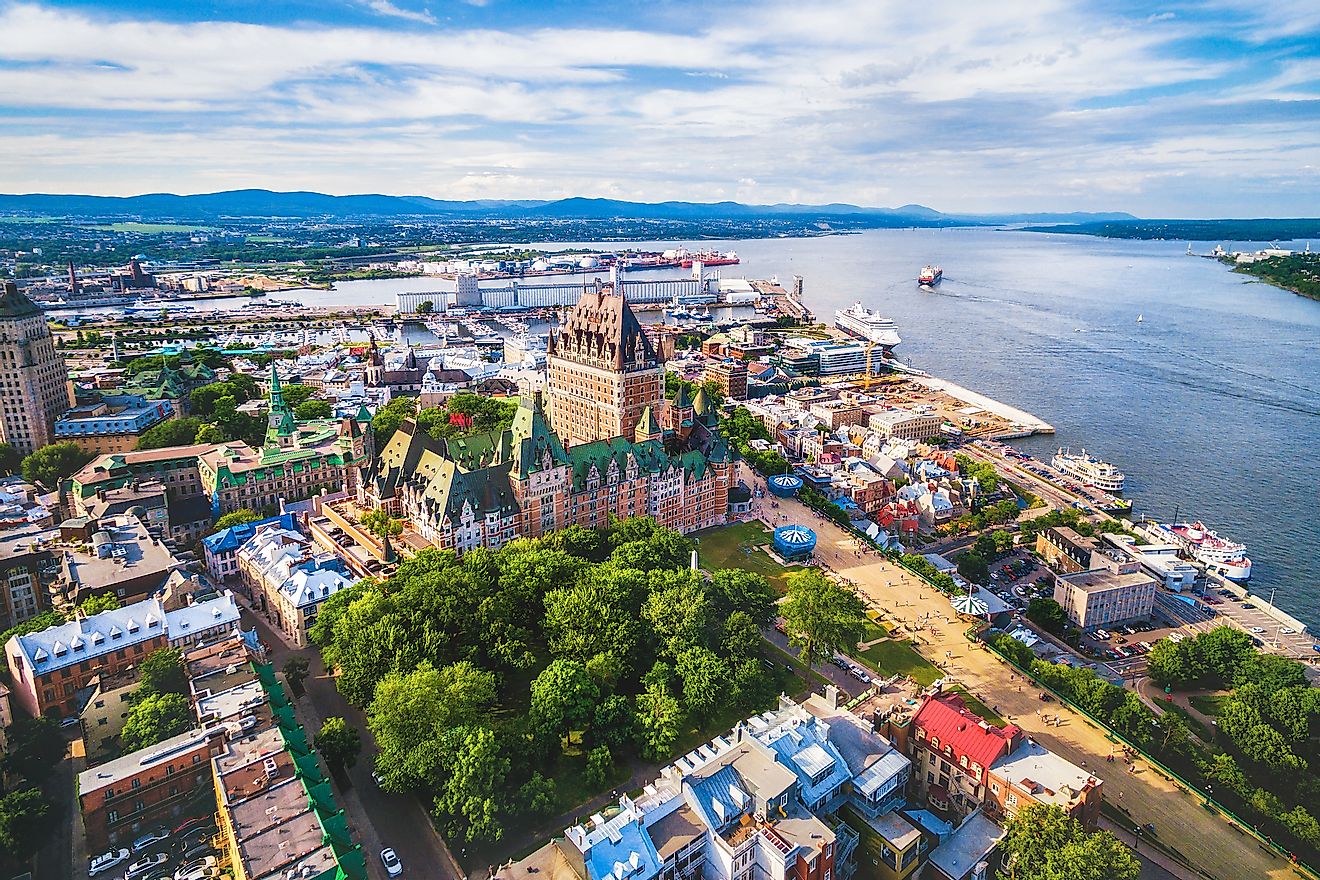Aerial view of Chateau Frontenac hotel and Old Port in Quebec City, Canada.