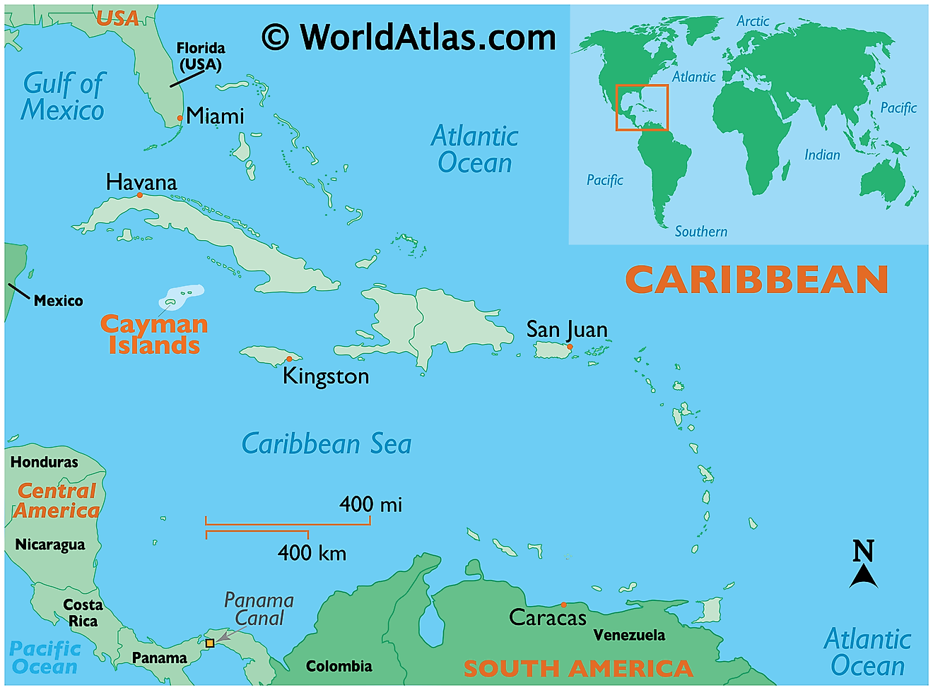 Mapa que muestra la ubicación de las Islas Caimán en el mundo.
