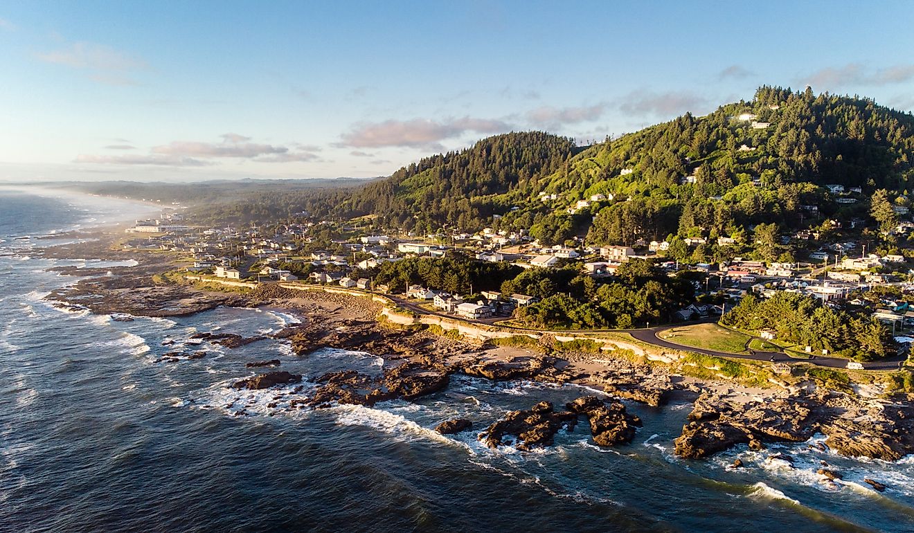Yachats town on the rugged Oregon coast during a beautiful sunset.