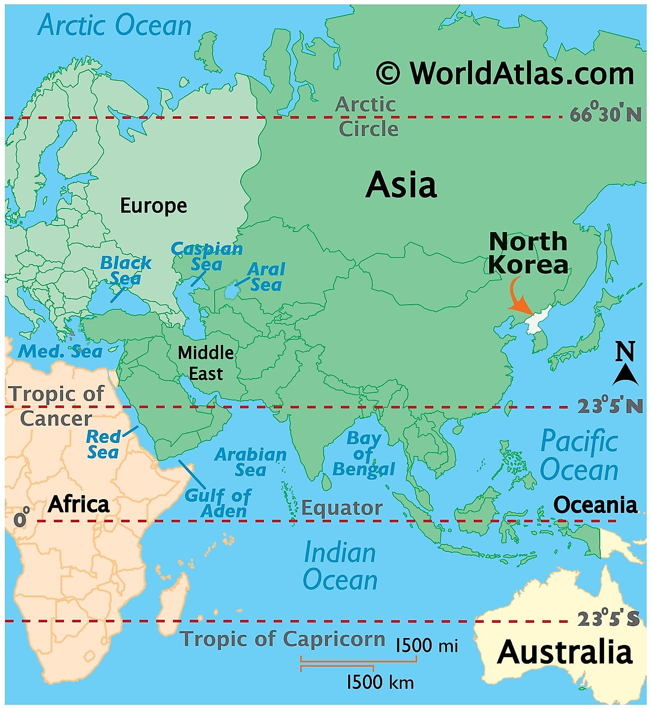 Map showing location of North Korea in the world.