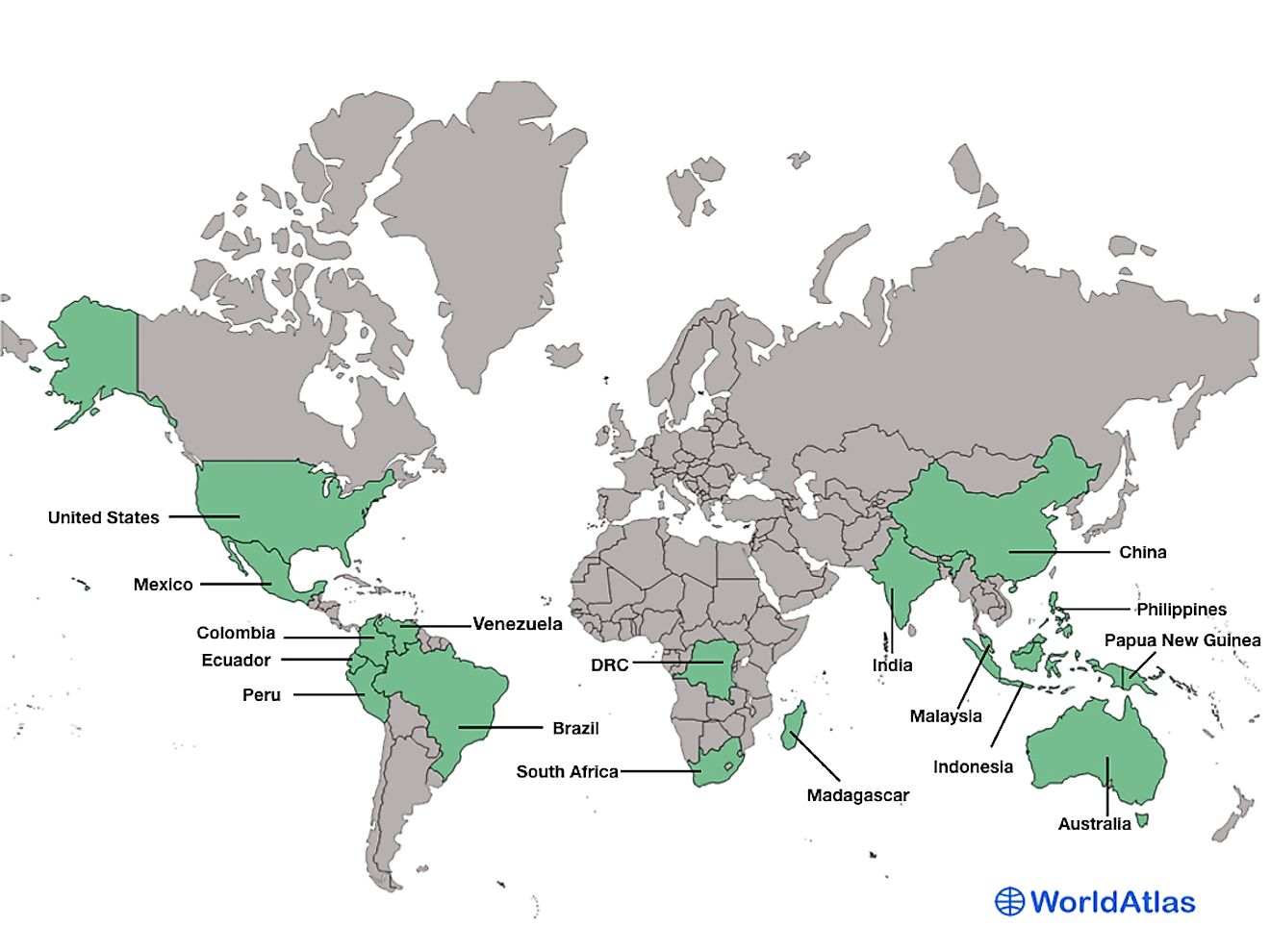 Map showing the 17 megadiverse countries of the world.