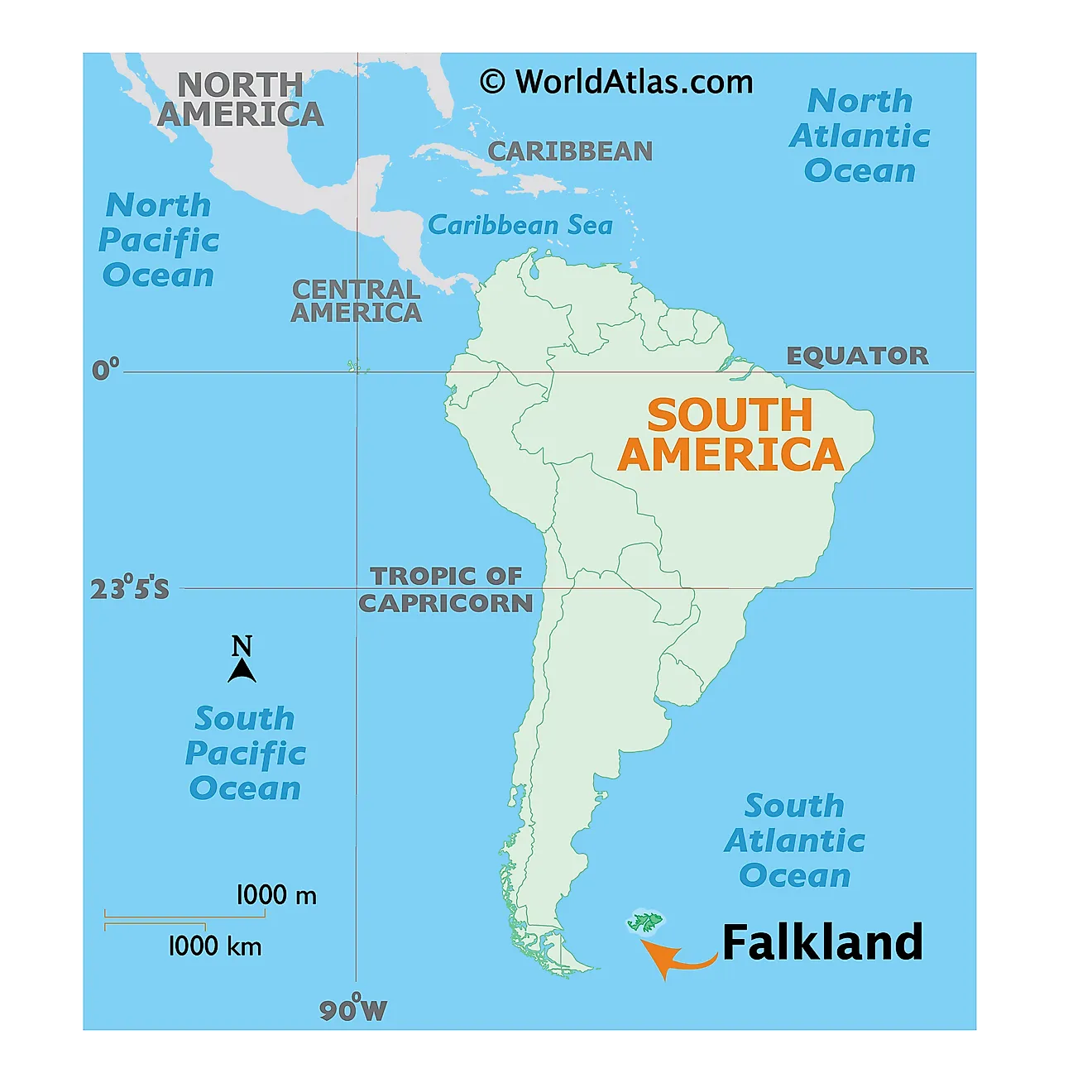 Map showing location of Falkland Islands in the world.