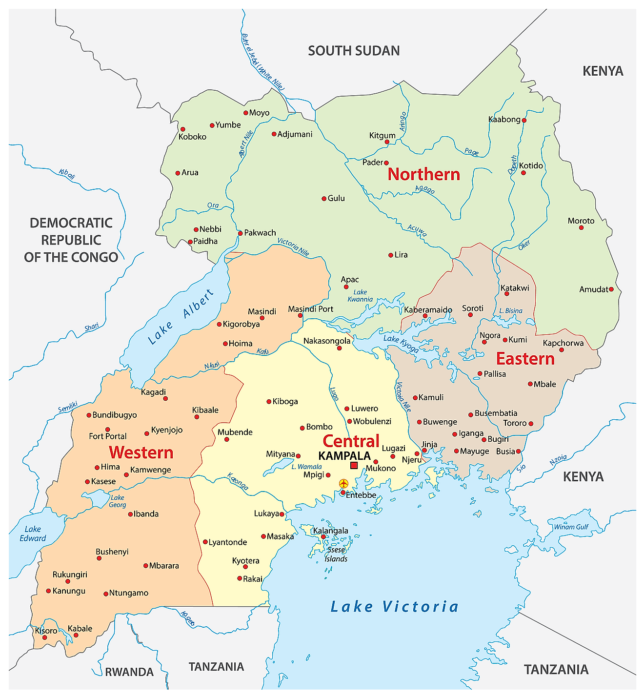 El mapa político de Uganda que muestra sus cuatro regiones principales, sus ciudades capitales y la capital nacional de Kampala.