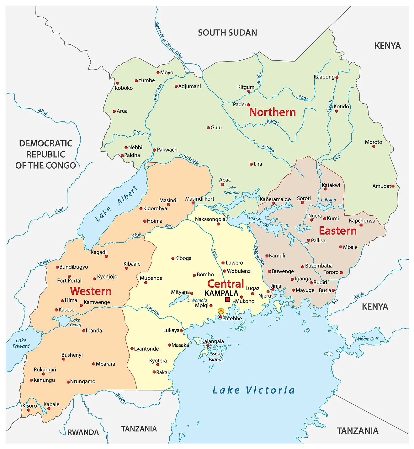 The Political Map of Uganda displaying its four major regions, their capital cities, and the national capital of Kampala.