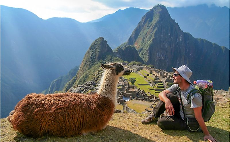 Tourist and llama sitting in front of Machu Picchu, Peru.