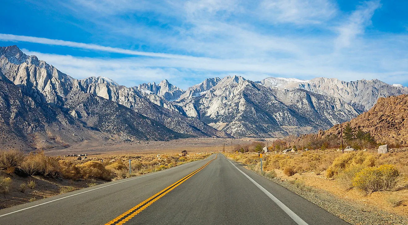 Empty Road leading to Mount Whitney near Lone Pine, California