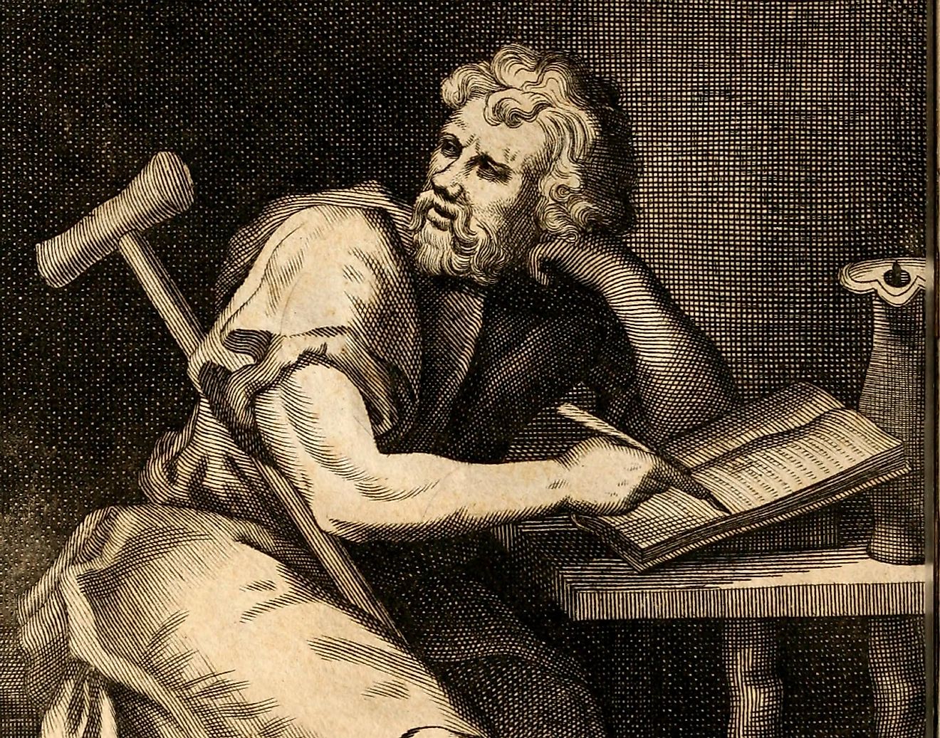 Epictetus writing at a table with a crutch draped across his lap and shoulder