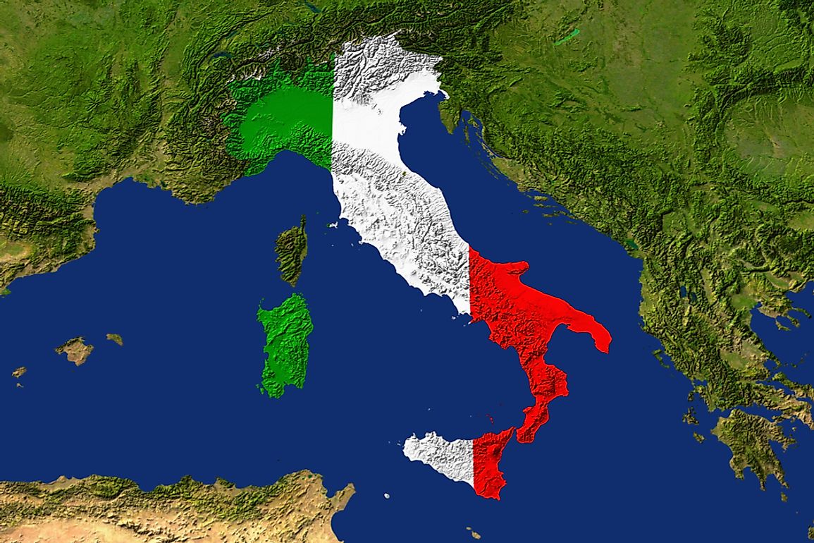Italy is located on the Southern Peninsula and is bordered by the Adriatic Sea, Ionian Sea, and the Tyrrhenian Sea.