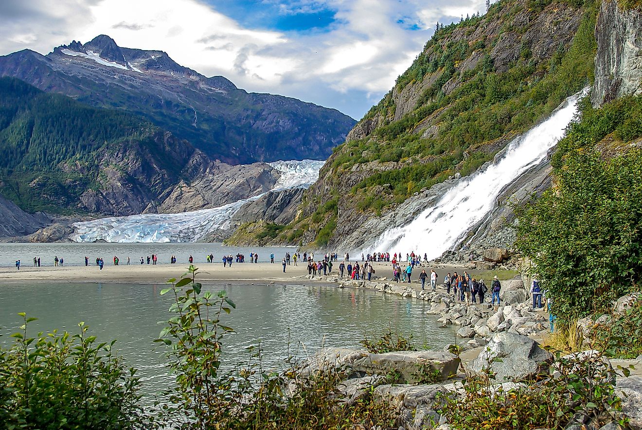 Spectacular vew of the Mendenhall Glacier and Nugget Falls in Alaska.