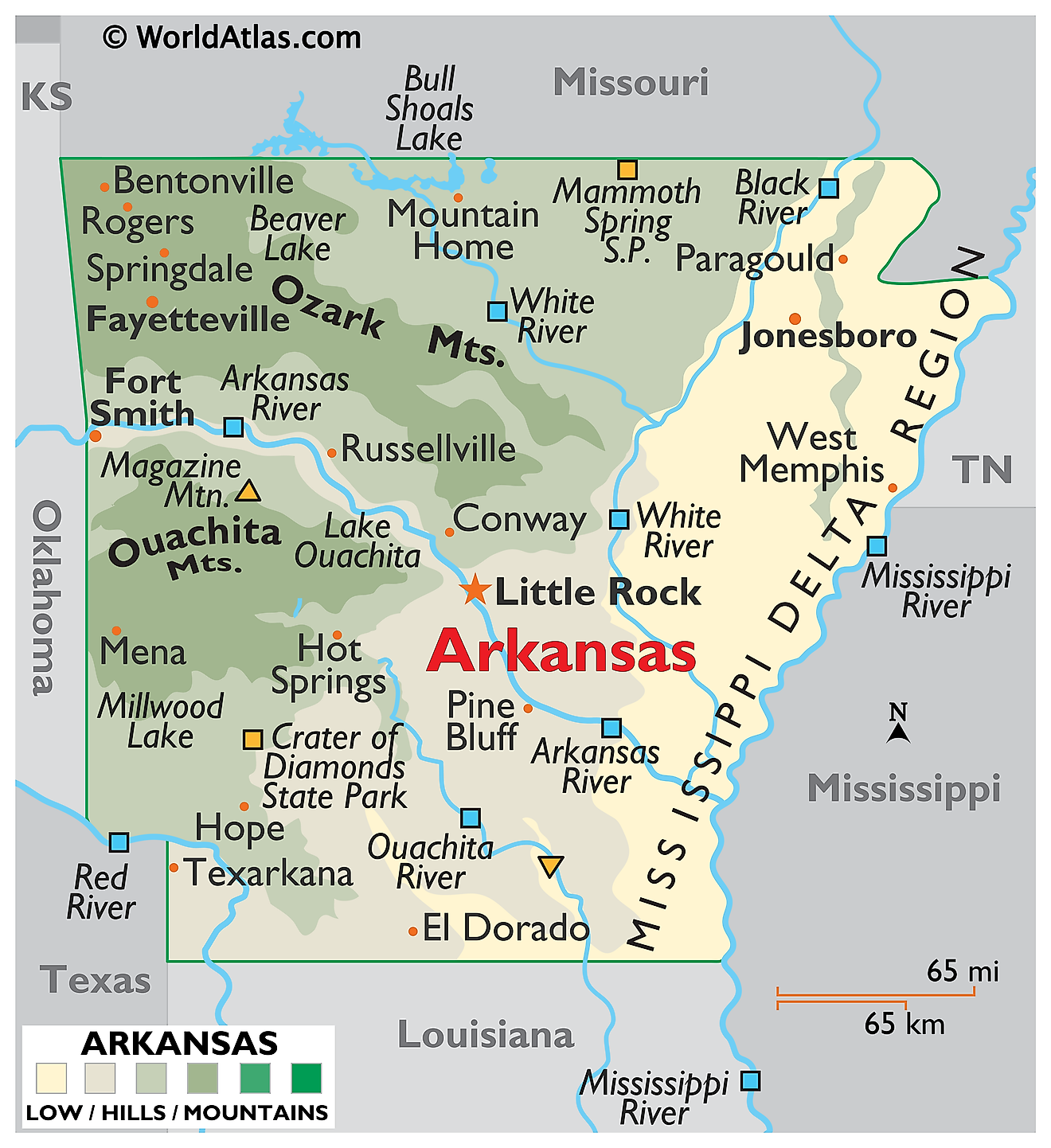 Physical map of arkansas.  Shows physical features of Arkansas including mountain ranges, rivers, and lakes. 