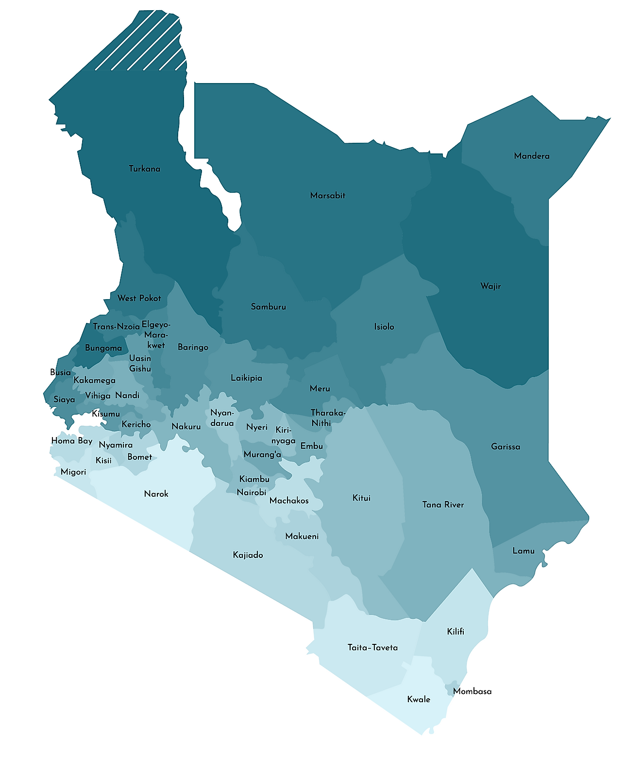 Mapa político de Kenia que muestra 47 condados, incluida la capital nacional de Nairobi.