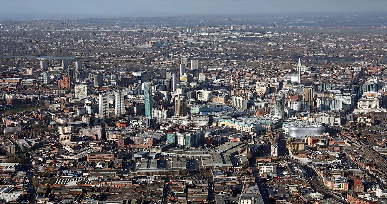 Aerial view of Birmingham city center skyline.