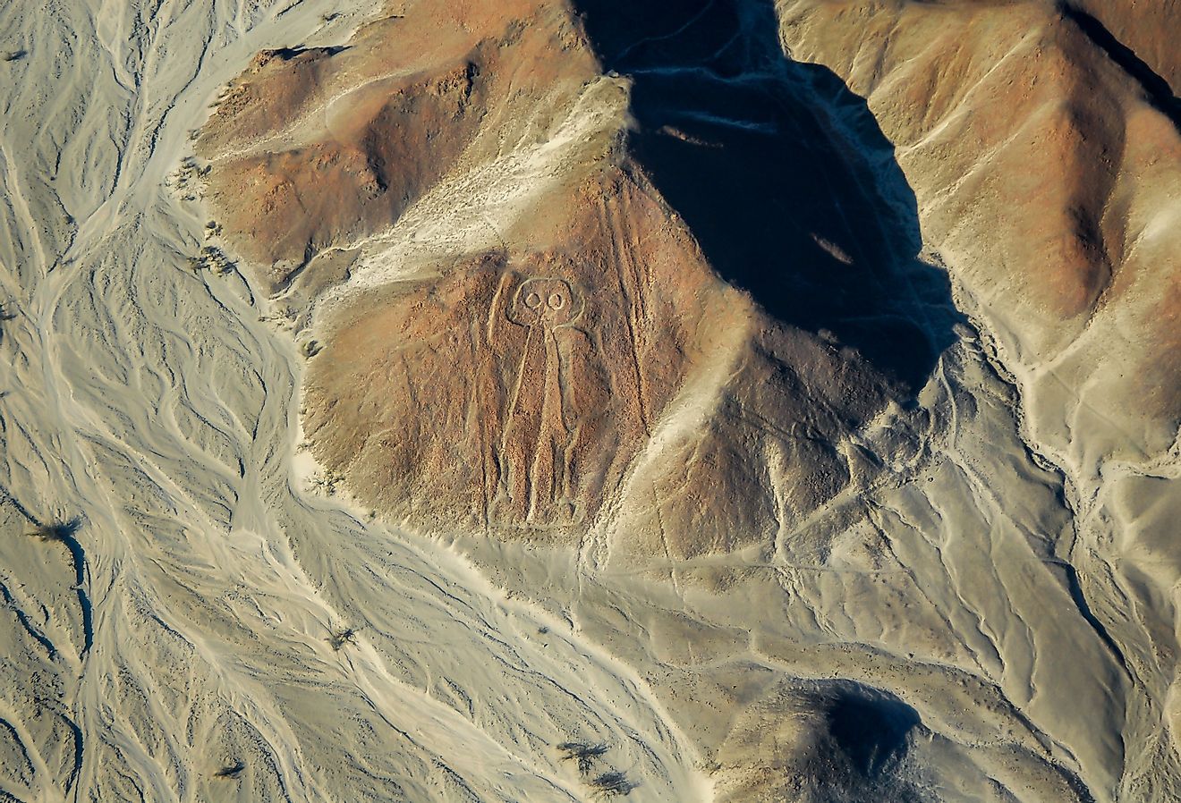 The Spaceman (or Owl Man, or Astronaut) of Nazca Lines, aerial view from aircraft, Peru.
