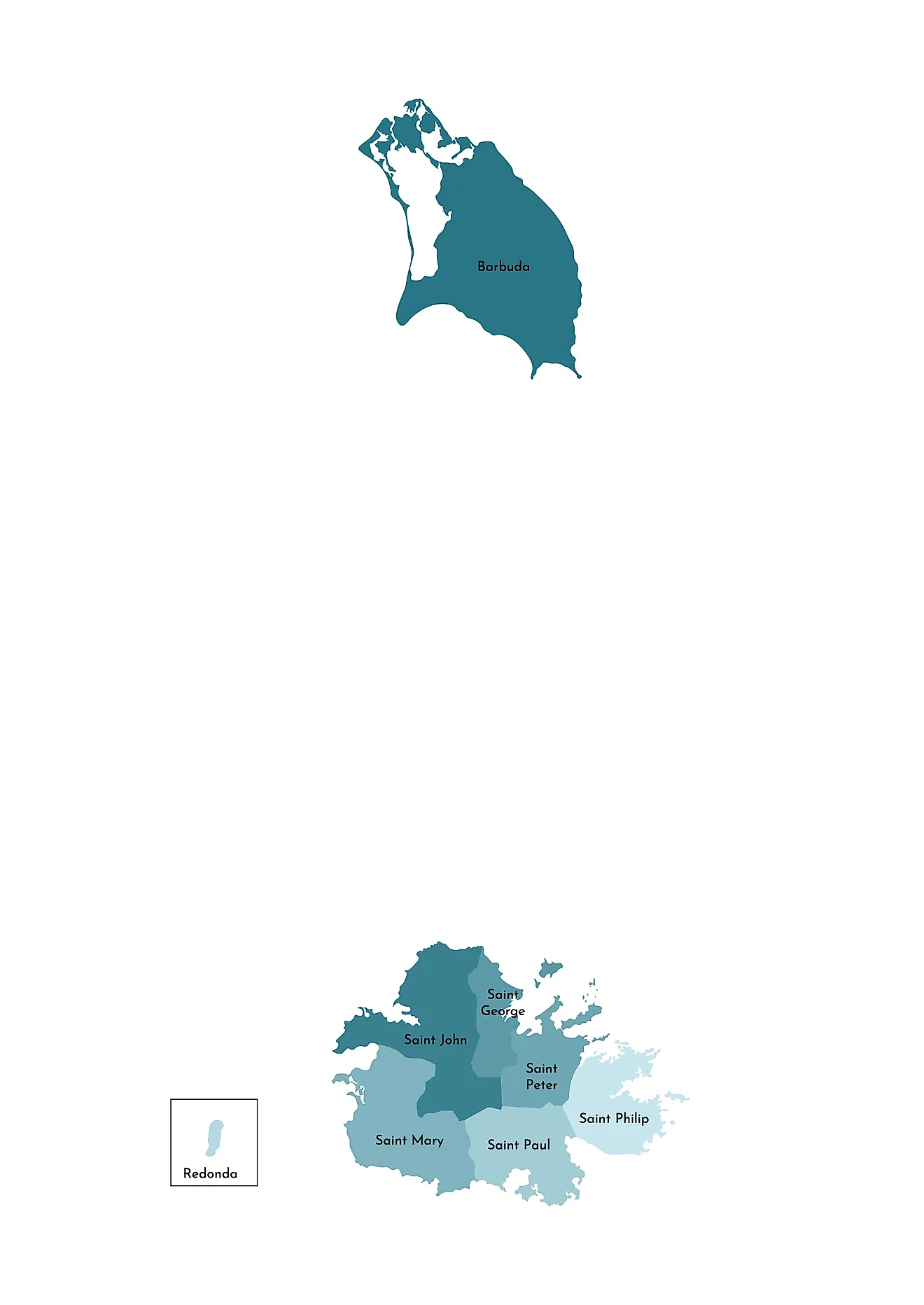 Political Map of Antigua and Barbuda showing its 6 parishes and 2 dependencies.