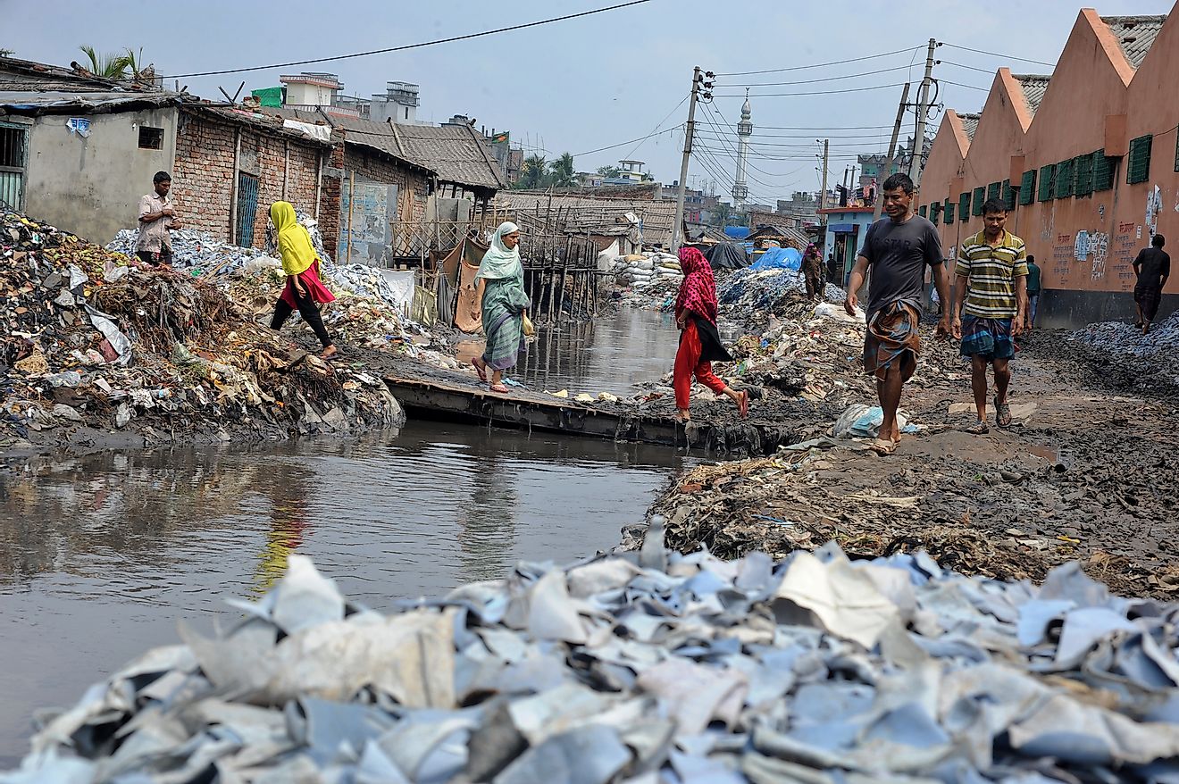 Wastage toxic lather materials dumped in an open canal at the Hazaribagh tannery area in Dhaka, Bangladesh. Image credit: Sk Hasan Ali/Shutterstock.com