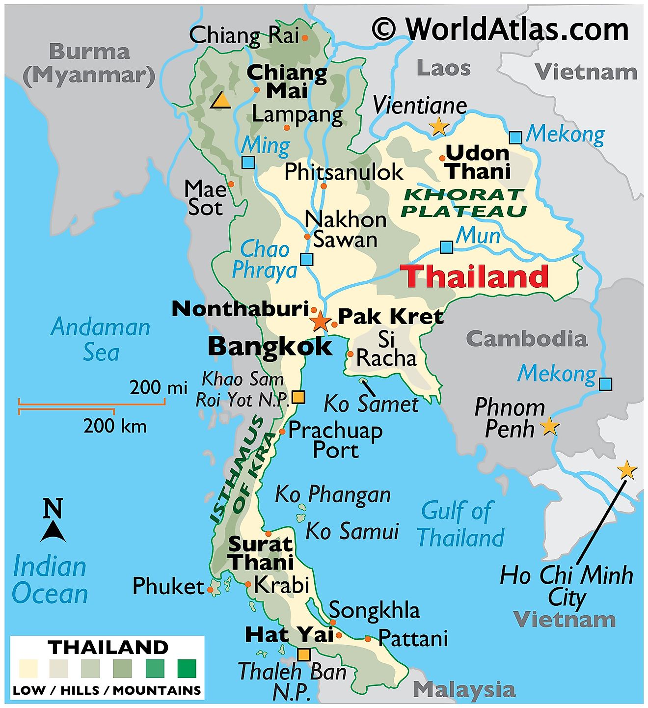 Phyiscal Map of Thailand with state boundaries, relief, major mountain ranges, rivers, important cities, islands, highest point, and more.