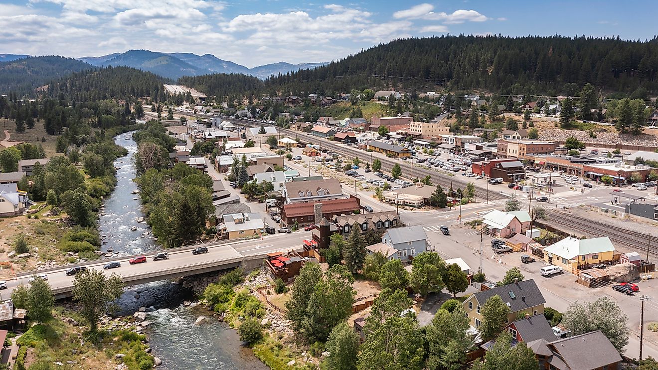 Aerial view of Truckee, California and the surrounding Sierra Nevada Mountain Range.