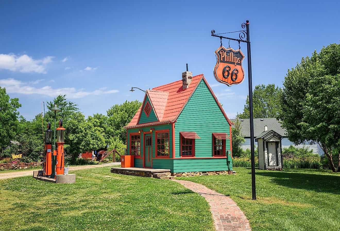 Restored vintage Phillips 66 Gas Station located at Red Oak II, near historic Route 66, Carthage, Missouri.