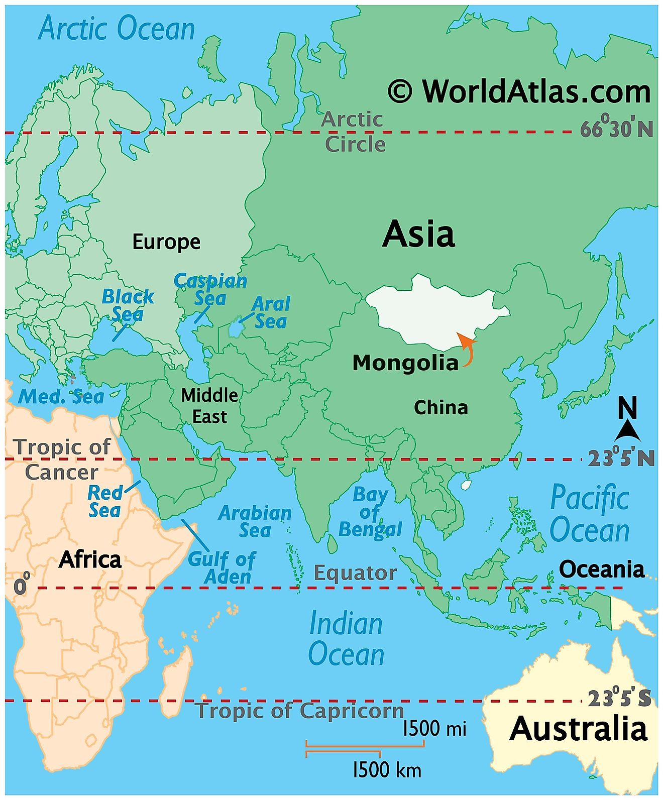 Map showing location of Mongolia in the world.