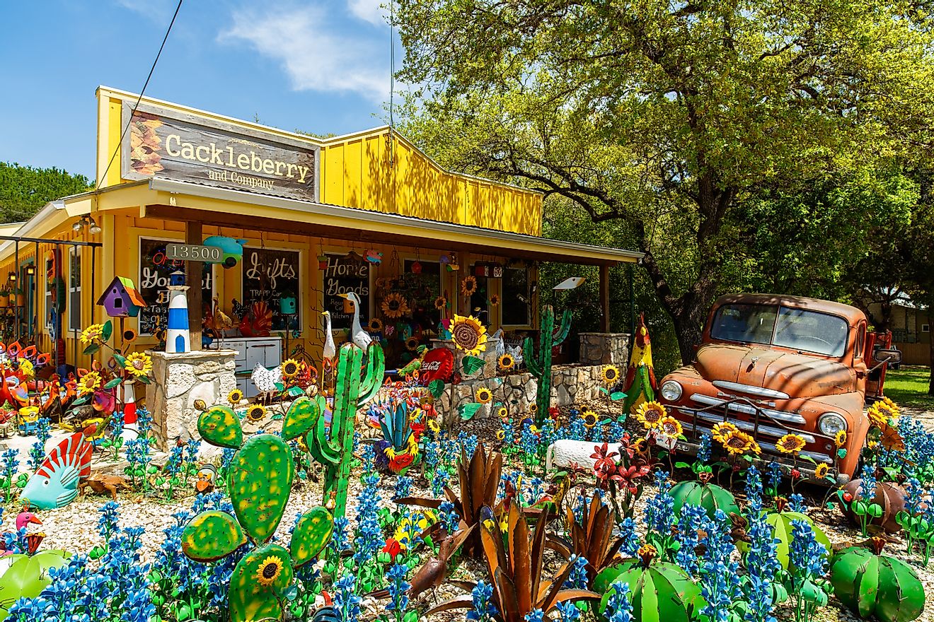 Colorful Cackleberry shop with artwork on display in Wimberly, Texas.