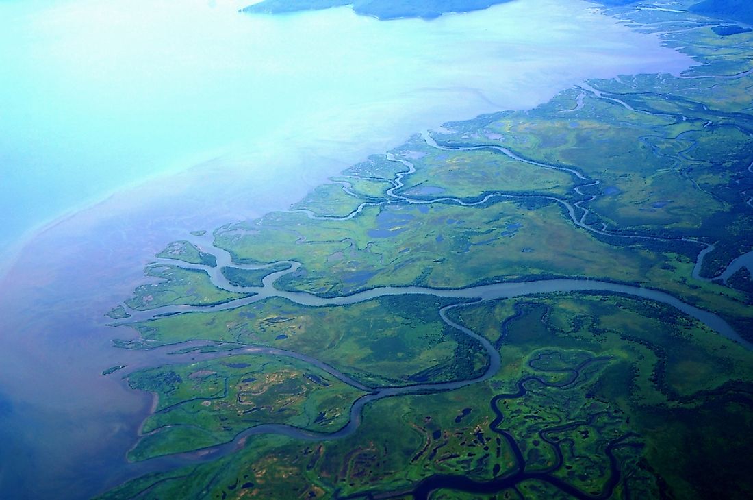 An aerial view of a river delta. 