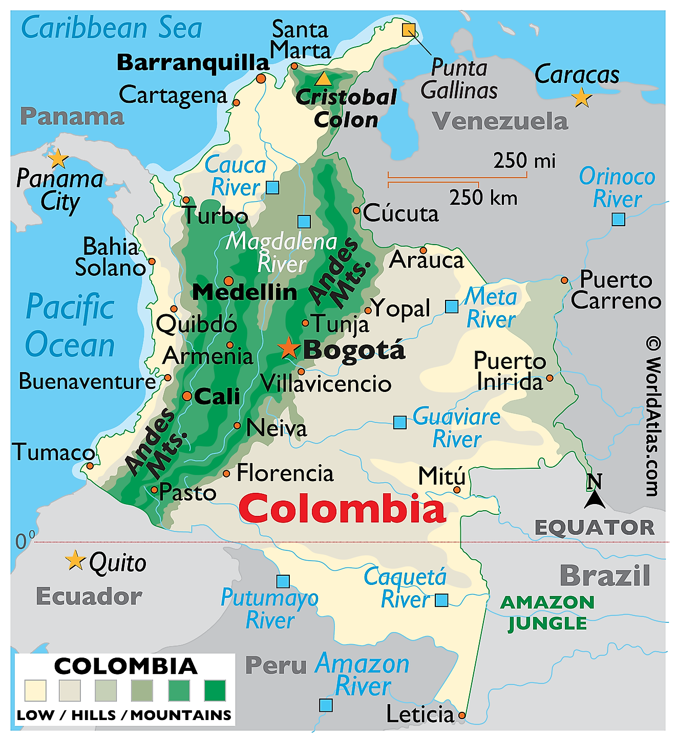 Physical map of Colombia. It shows the physical features of Colombia including its mountain ranges and the major rivers.   