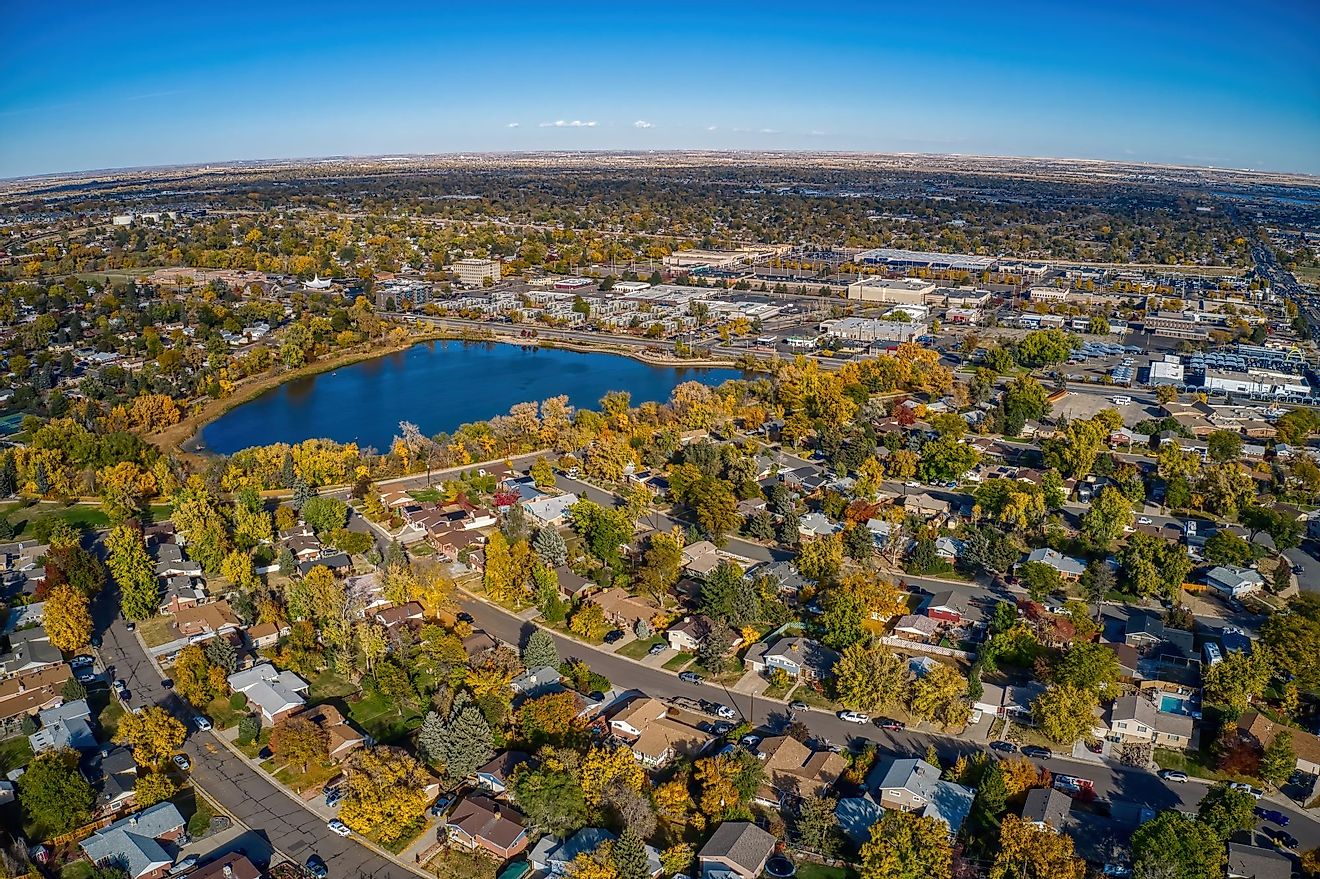 Aerial view of the Denver suburb of Thornton, Colorado, during autumn.