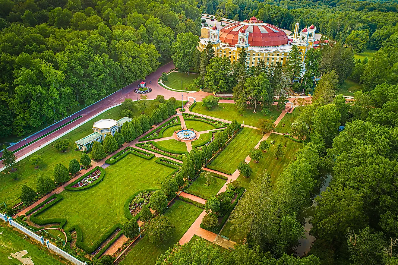 Aerial view of the historic West Baden Springs Hotel in French Lick Resort area, Indiana.