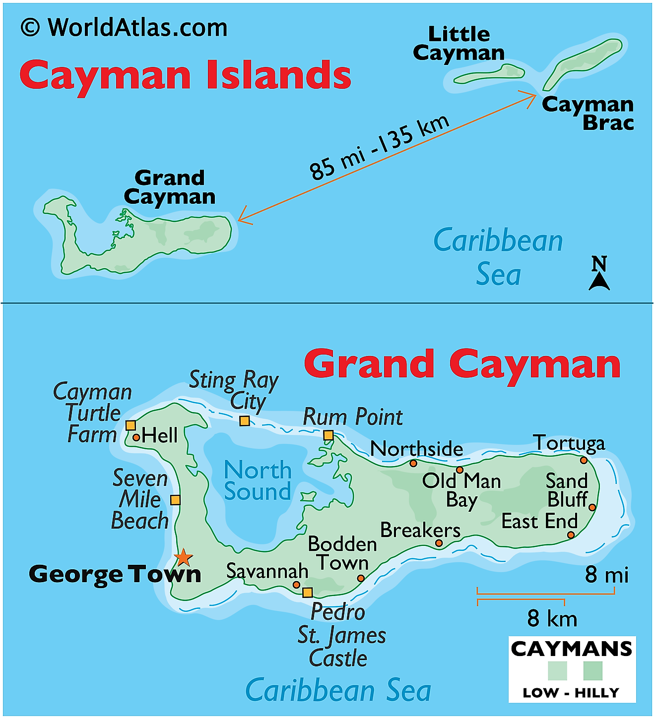 Physical map of Cayman Islands showing the terrain, Caribbean Sea and North Sounds, important settlements, etc.