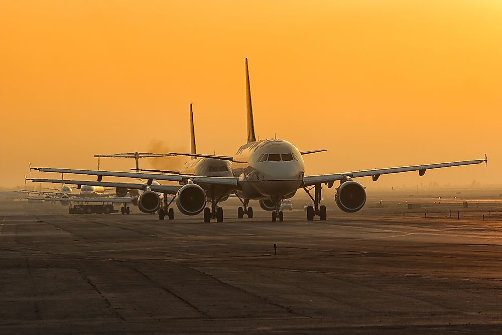 Airplanes on the runway at the Mexico City International Airport. 