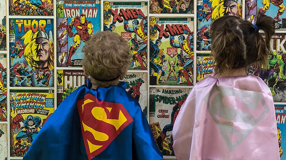 Children dressed up in costume examine comic books for sale in Samara, Russia. Action Comics #1 is notable for the first appearance of Superman. Editorial credit: VM.Shpilka / Shutterstock.com.