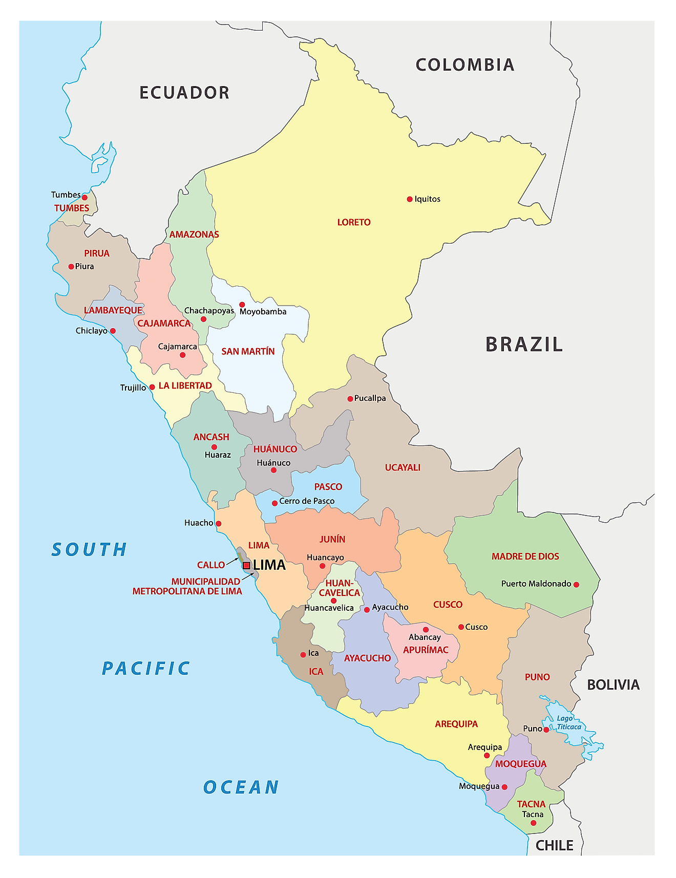 Mapa Político del Perú que muestra sus 25 regiones y 1 provincia y la ciudad capital de Lima