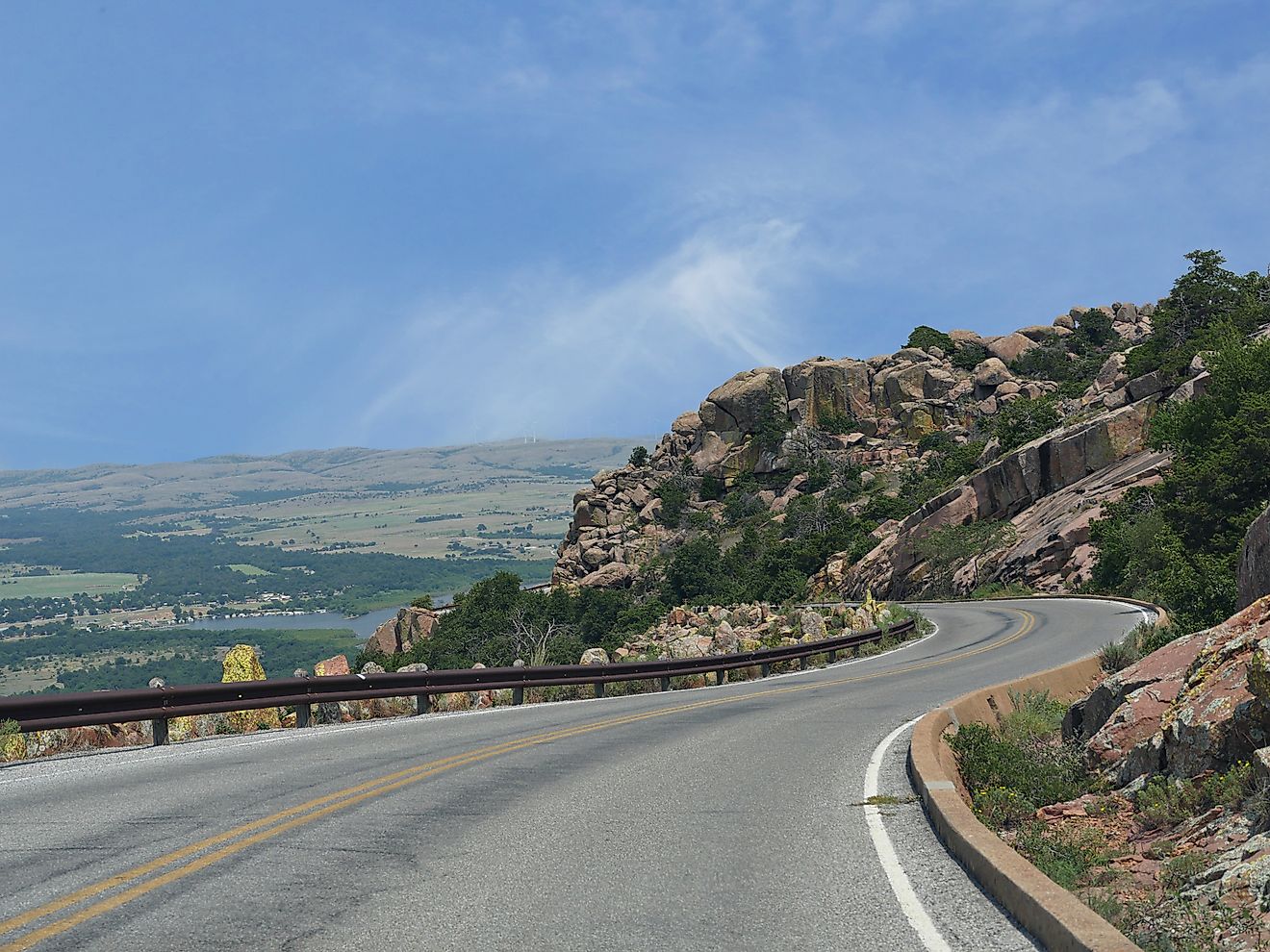 A scenic view descending the twisting road from Mt. Scott, Wichita Mountains Wildlife Refuge, Oklahoma