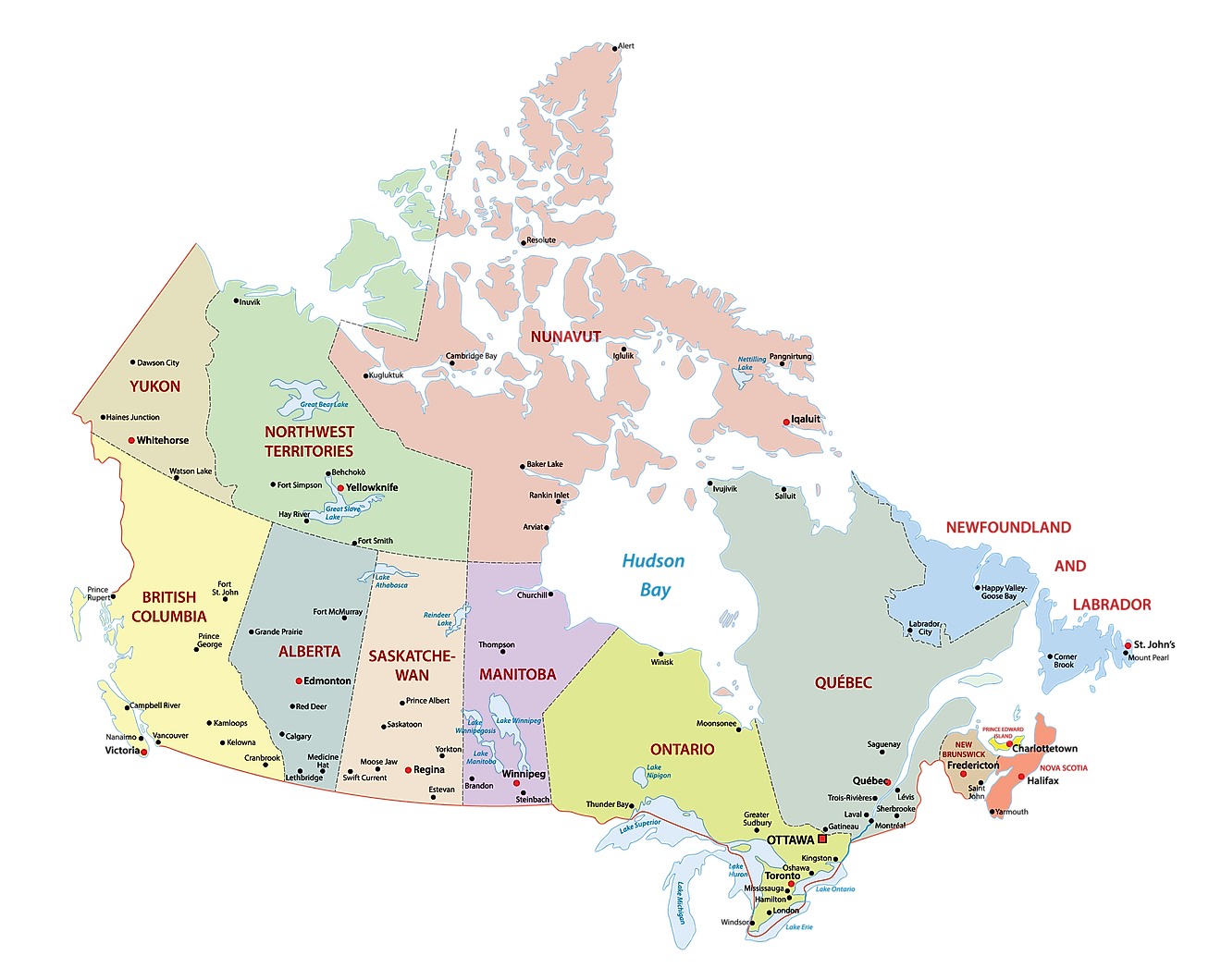 Political Map of Canada showing its 10 provinces and 3 territories and the capital city Ottawa.