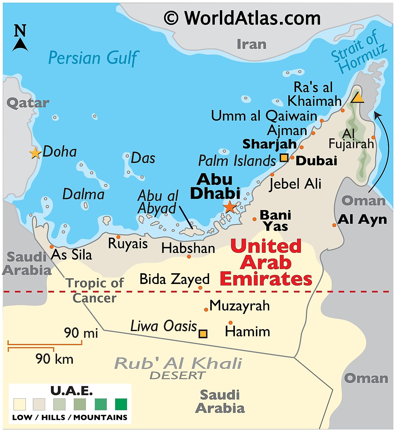 Mapa físico de los Emiratos Árabes Unidos (EAU) que muestra las fronteras internacionales, el relieve, el desierto de Rub' Al Khali, el Oasis de Lisa, las Islas Palm, etc.