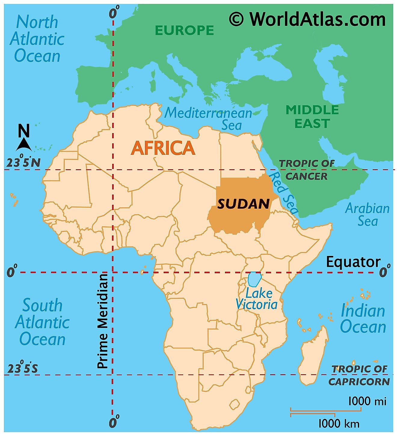 Map showing location of Sudan in the world.