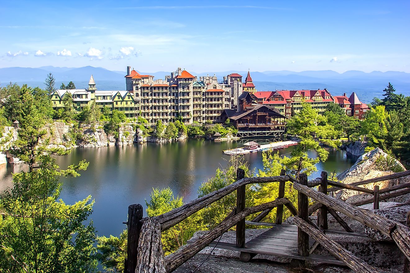 New Paltz, New York: Scenic view of Mohonk Mountain House and Mohonk Lake.