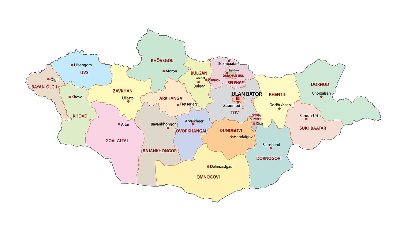 Political map of Mongolia displaying the 21 administrative provinces and 1 provincial municipality, including the national capital of Ulaanbaatar.