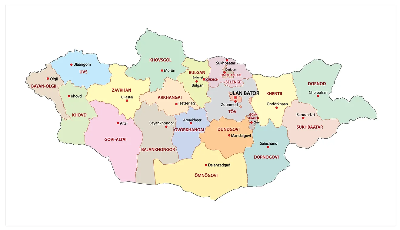 Political Map of Mongolia displaying the 21 administrative provinces and 1 provincial municipality including the national capital of Ulaanbaatar .