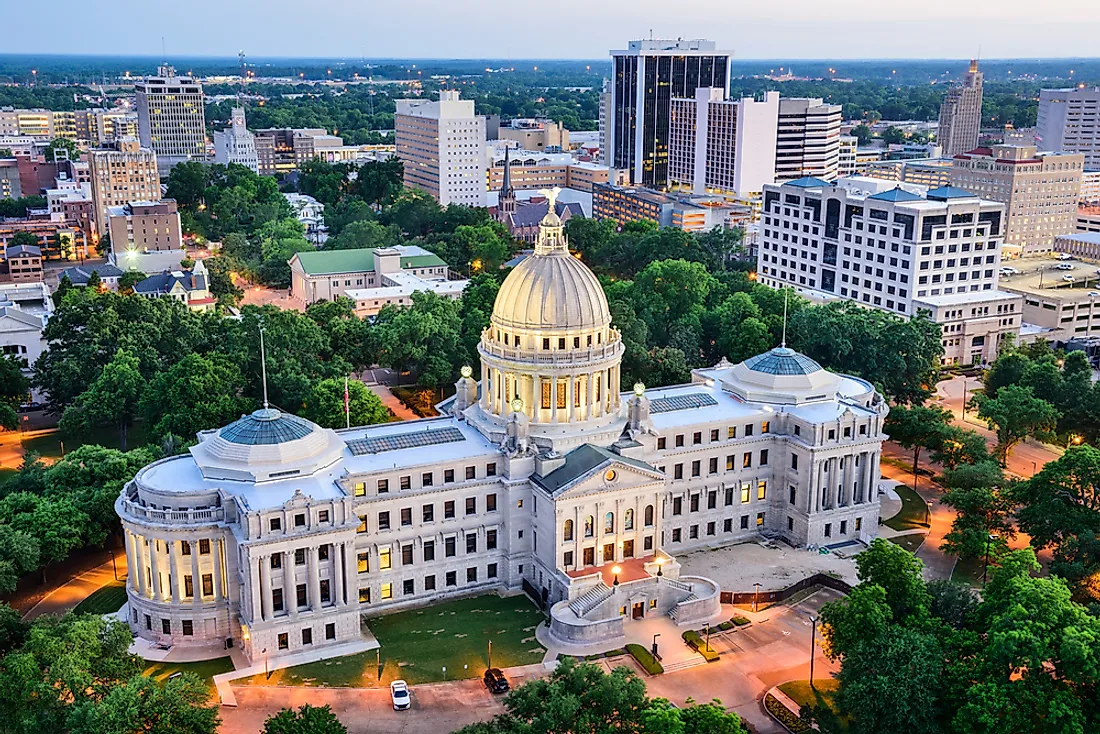 Jackson, Mississippi, with the Capitol Building in the foreground. 